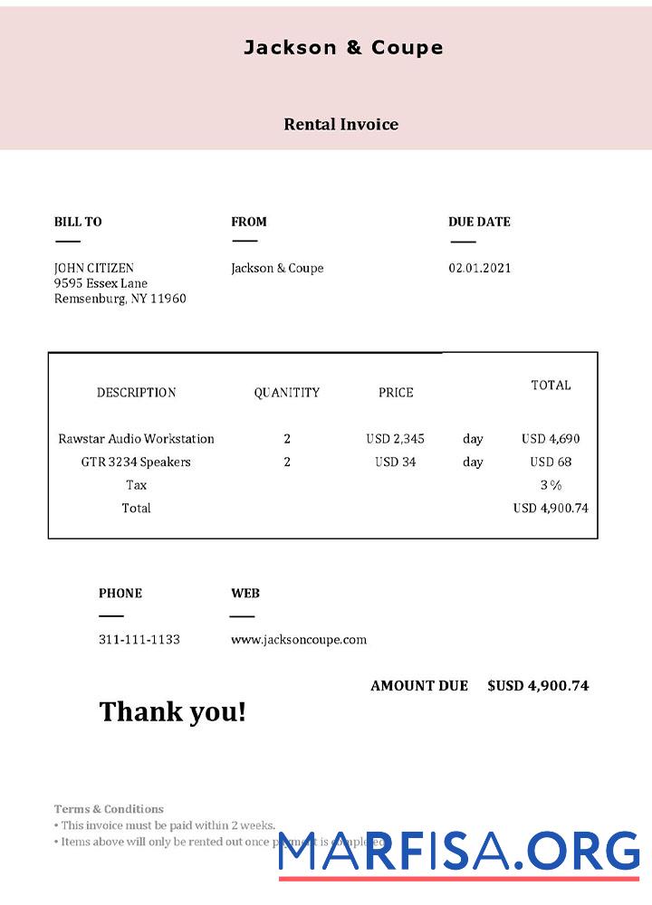 Printable USA Jackson & Coupe invoice template